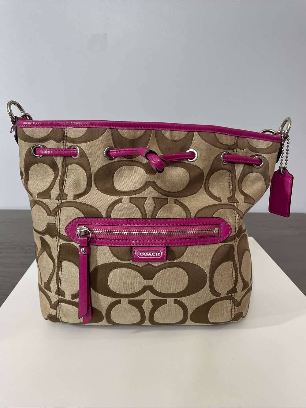 Coach Beige Signature Canvas Shoulder Bag with Pink Trim